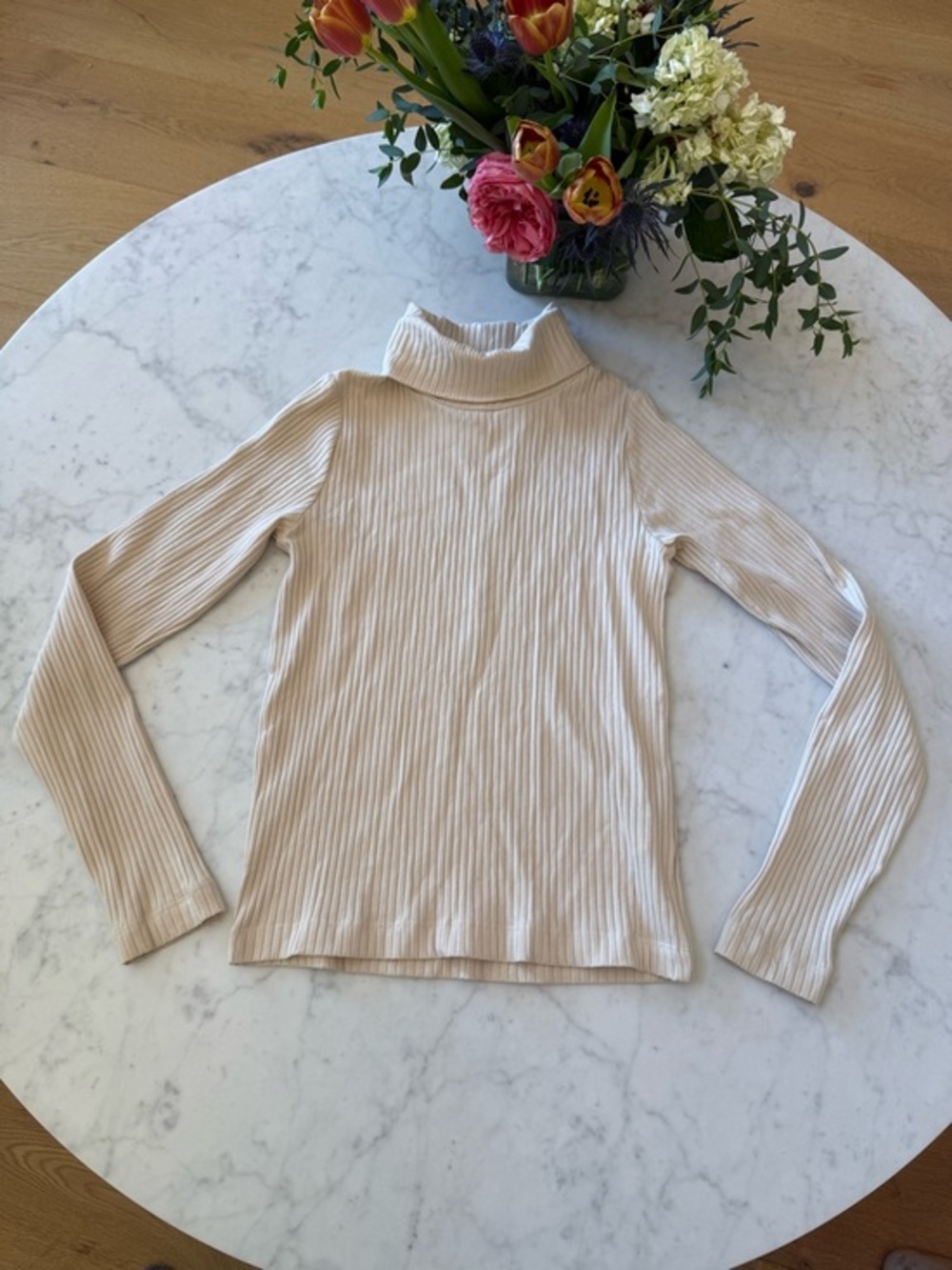Zara Girls Cream Ribbed Turtleneck Top Size 13/14 Stretchy Layering Shirt